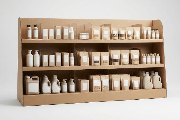 Brown virgin kraft board multi-shelf display unit showcasing various retail products in bottles, boxes, and stand-up pouches, organized with clear modular dividers.