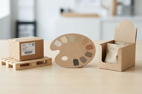 Kraft cardboard packaging box on a miniature wooden pallet, a color palette with natural paint swatches, and an open retail display box with pouches.