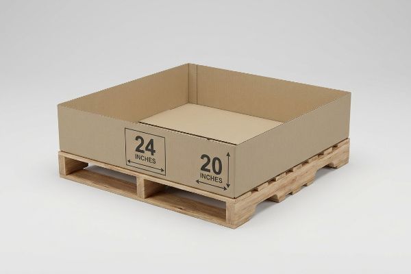 A corrugated cardboard 1/4 pallet display tray, precisely 24 inches by 20 inches, rests on a light wooden pallet, highlighting exact dimensions for retail.