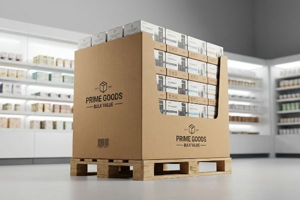 A Prime Goods Bulk Value full pallet display, filled with small product boxes, stands on a wooden shipping pallet in a retail store.