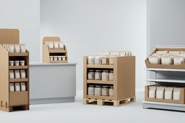 Corrugated cardboard retail displays showcase products in plain bags and glass jars within a minimalist store setting.