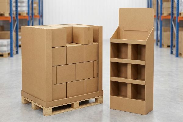 In a warehouse setting, a heavy-duty corrugated cardboard pallet merchandiser stands beside an empty retail floor display.