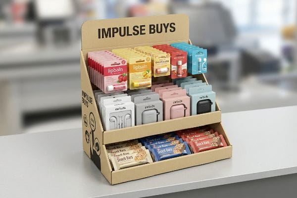 A retail counter features a brown cardboard PDQ display, labeled 