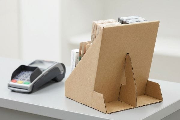 Expositor de papelão ondulado marrom da PDQ sobre um balcão cinza, repleto de pequenas caixas de produtos, ao lado de um terminal de pagamento com cartão de crédito.