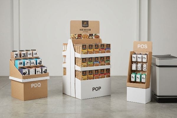 Three distinct retail displays, a brown PDQ shelf tray with electronics, a white and brown POP floor display for Hussung food products, and a brown POS impulse merchandiser for accessories, are shown.