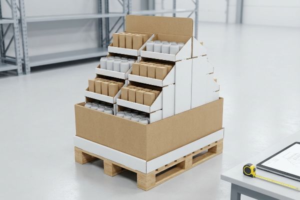 Multi-tiered cardboard PDQ display on a wooden quarter pallet, filled with products, in a warehouse setting.