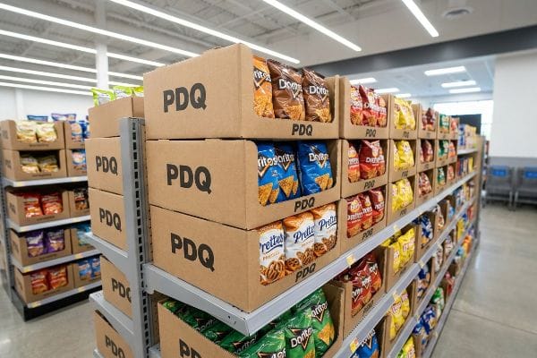 ドリトス、フリトス、プレッツェルクリスプなどのスナック菓子が入った複数の段ボール製PDQディスプレイが並ぶ小売店の通路。.