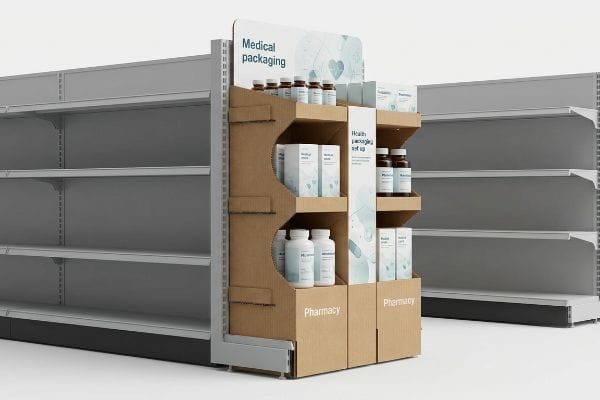 Pharmacy POP Display Unit Corrugated cardboard POP display unit with 'Medical packaging' and 'Pharmacy' text, holding health products next to empty gondola shelving.