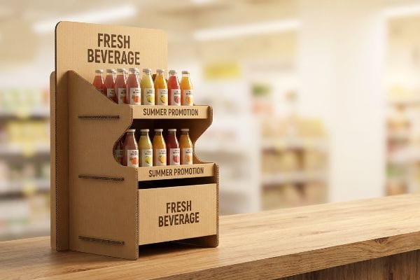Un présentoir en carton ondulé met en avant des boissons fraîches et une promotion d'été avec des bouteilles de jus colorées sur un comptoir en bois.