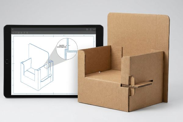 Corrugated cardboard POP display prototype with tablet showing CAD blueprint and Caliper Compensation detail.