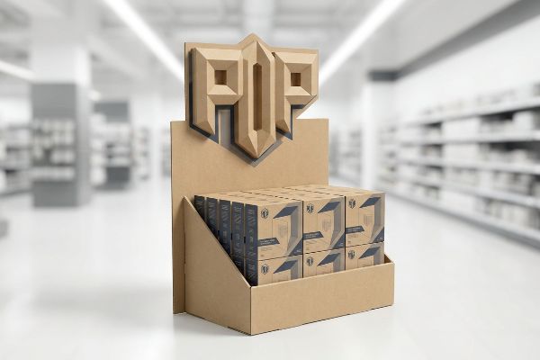 Cardboard retail Pop display with 3D die-cut header, showcasing multiple product boxes in a store aisle.