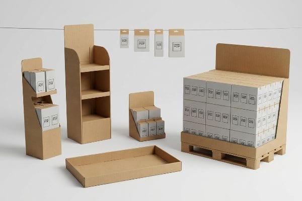 Displaying various natural corrugated cardboard POP units: pallet build, floor stands, countertop, shelf tray, and Living Pop hang tabs.