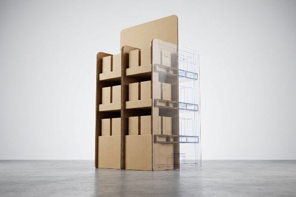 A corrugated cardboard POP display unit showcases multiple shelves filled with plain brown boxes, overlaid with a transparent wireframe design.
