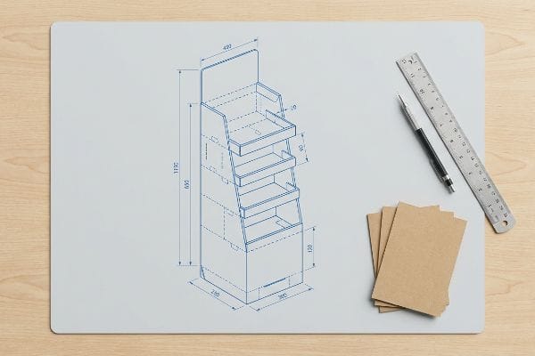 An engineering blueprint of a multi-shelf cardboard POP display with dimensions, alongside a ruler, pencil, and brown paper samples.