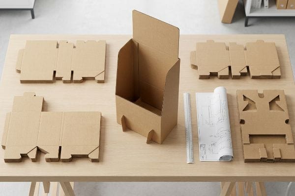 Assembling a corrugated cardboard POP display with flat-packed components, a blueprint, and ruler on a light wooden table.
