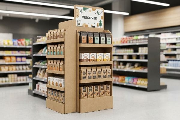 Dans une allée de supermarché, un présentoir PLV en carton à plusieurs niveaux met en valeur divers produits emballés, surmonté d'une pancarte « Découvrez ».