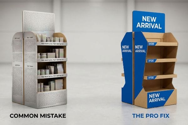 POP Display Fix Cardboard POP displays: "Common Mistake" (text, high lips) vs. "Pro Fix" (bold blue "New Arrival" Pantone design).