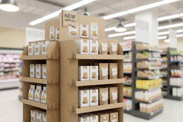 A supermarket aisle features a brown cardboard POP display showcasing various packaged products with a 'New Arrival' sign.