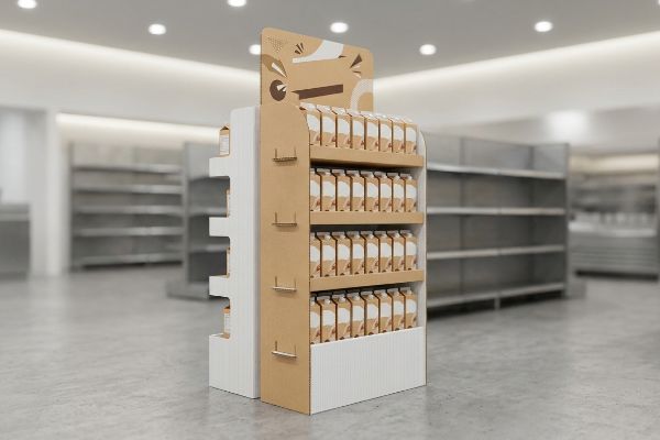 Freestanding cardboard POP display in a retail aisle, featuring multiple shelves stocked with light-colored product packages.