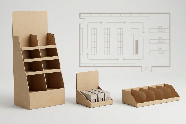 Brown kraft cardboard floor stand, countertop unit with products, and inline shelf tray displays against a subtle store layout diagram.