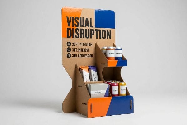 কমলা ও নীল রঙের ছোঁয়াযুক্ত প্রাকৃতিক ক্রাফট কার্ডবোর্ডের রিটেইল ডিসপ্লে, যাতে 'ভিজ্যুয়াল ডিসরাপশন' এবং ৩-৩-৩ নিয়মটি তুলে ধরা হয়েছে।.