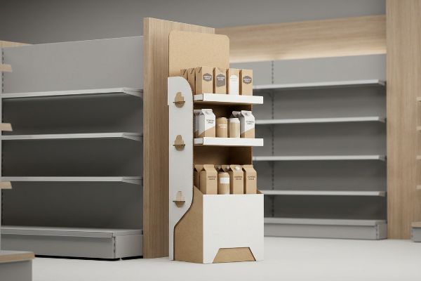 A modern retail store aisle features a cardboard POP display with white shelves, showcasing various unbranded brown product packages.