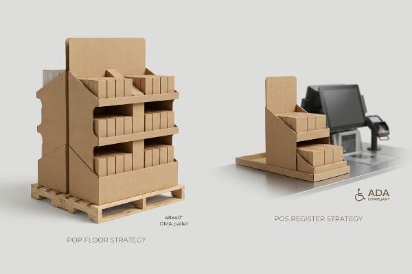 Cardboard Pop Floor Strategy display on a 48x40 GMA Pallet, alongside a Pos Register Strategy display that is Ada Compliant.