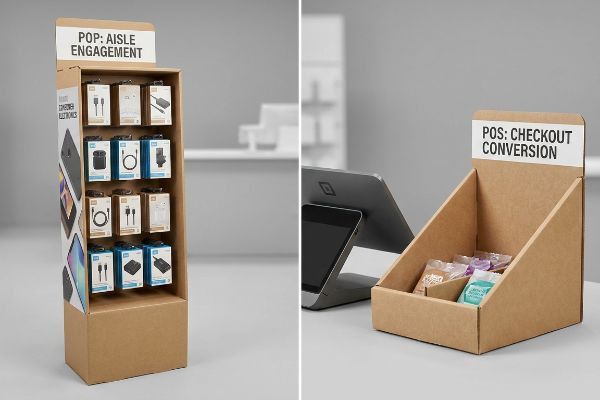 Two corrugated cardboard displays: a Pop: Aisle Engagement floor stand with electronics and a Pos: Checkout Conversion bin by a Square POS.
