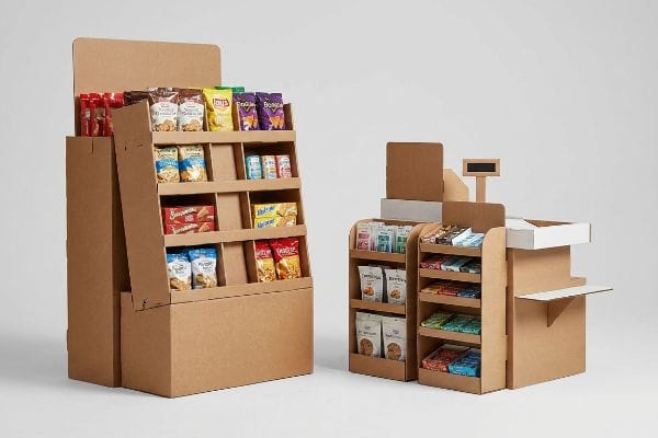 Présentoirs PLV en carton Présentoir de sol et unité de comptoir en carton ondulé brun, approvisionnés en snacks Lay's, Quaker et Oreo.