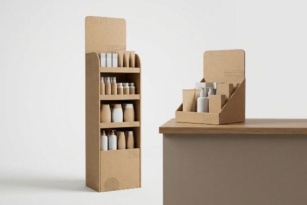 Natural brown cardboard POP floor merchandiser and POS counter unit, featuring perforated patterns and displaying white and brown cosmetic product bottles.