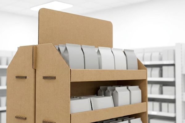 A retail environment displays a multi-tiered corrugated cardboard POP display, stocked with unbranded white product pouches and boxes.