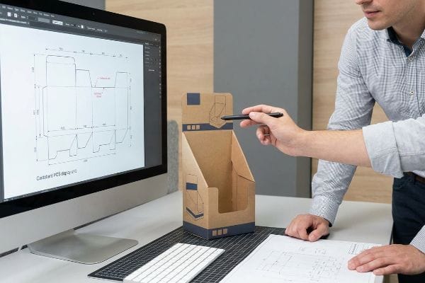Structural engineers review a cardboard POS display unit prototype, comparing its physical form to the dieline design on a computer screen.