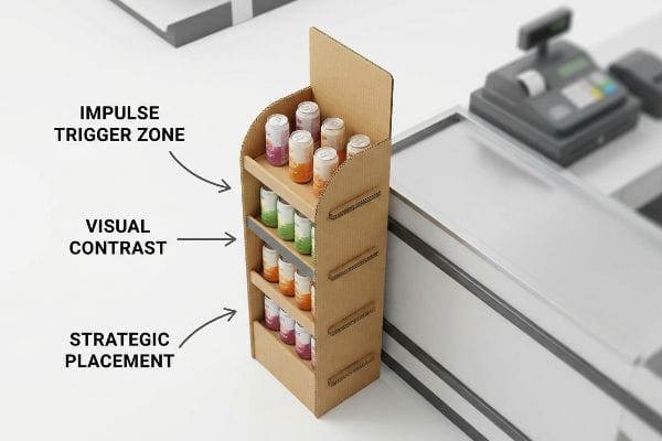 A point of sale display at a checkout counter features colorful cans, labeled Impulse Trigger Zone, Visual Contrast, and Strategic Placement.