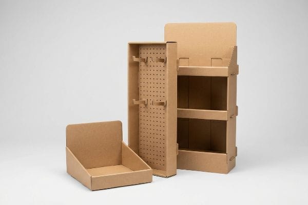 Cardboard POS Display Types Brown corrugated cardboard POS displays: a countertop merchandiser, a pegboard sidekick, and a multi-shelf end-cap unit.
