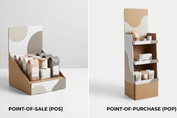 Point-of-Sale Display Cardboard point-of-sale (POS) display featuring various neutral-colored retail packaging bags and boxes, designed for checkout zone transactions.