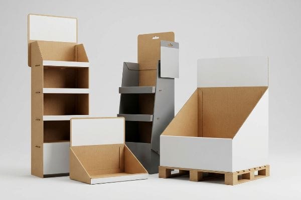 Corrugated cardboard POSM displays, including a multi-shelf floor merchandiser, countertop unit, sidekick, and pallet display.