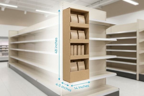 A retail aisle features a brown cardboard power wing display, measuring 48 inches high, 14 inches wide, and 4-5 inches deep, stocked with plain brown bags and rolls.
