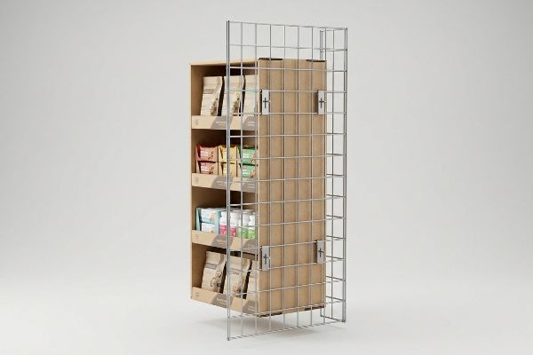 A corrugated cardboard power wing display, filled with various packaged products, is securely mounted on a silver wire grid sidekick merchandiser.
