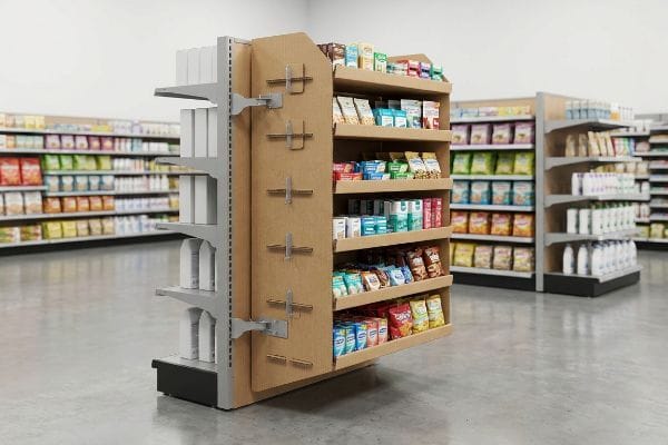 A retail aisle features a cardboard power wing display attached to gondola shelving, showcasing various impulse snack items with metal brackets.