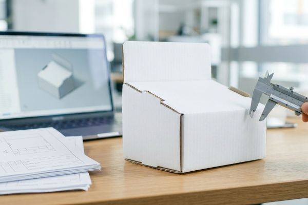 White cardboard box dimensions measured by a caliper, alongside a laptop displaying a 3D CAD render and engineering blueprints.