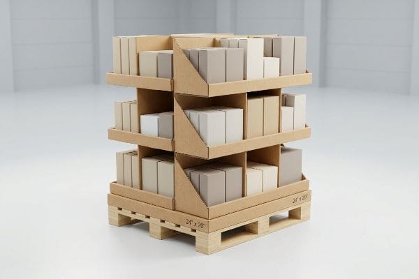 This retail quarter-pallet display, 24" x 20", features three tiers of cardboard shelves holding various unbranded boxes on a wooden pallet.