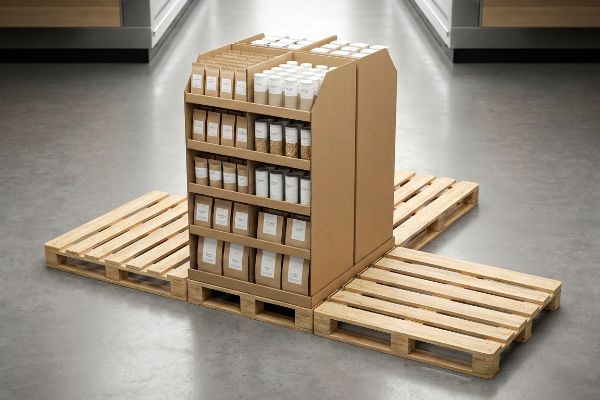 ممر في متجر بيع بالتجزئة مع وحدة عرض كرتونية ربع منصة نقالة تحمل بضائع معبأة على منصات نقالة خشبية.