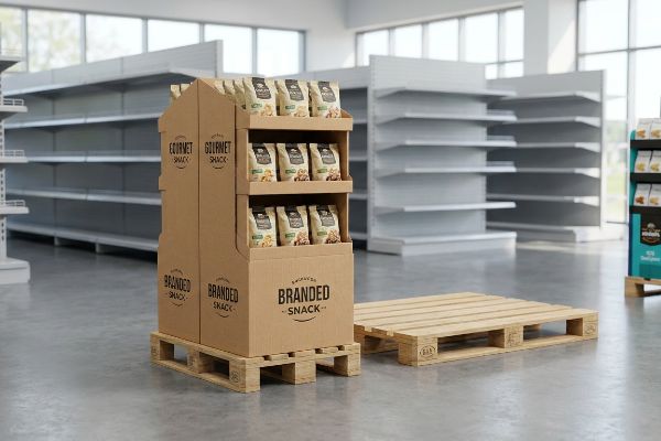 Corrugated cardboard secondary display for 'Gourmet Snack' on wooden quarter pallets in a retail store.