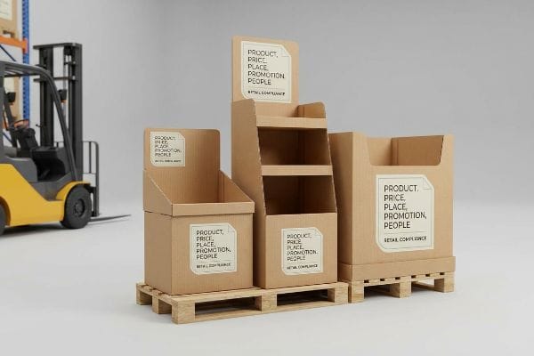 Cardboard retail displays on pallets, showing "Product, Price, Place, Promotion, People" for Retail Compliance.