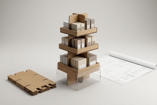 Cardboard Retail Display Design Assembled three-tier brown cardboard retail display with product boxes, flatpack components, and a technical packaging blueprint.