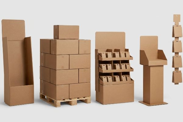 Kraft brown corrugated retail displays: floor merchandiser, pallet boxes, shelf tray, counter unit, and clip strip.