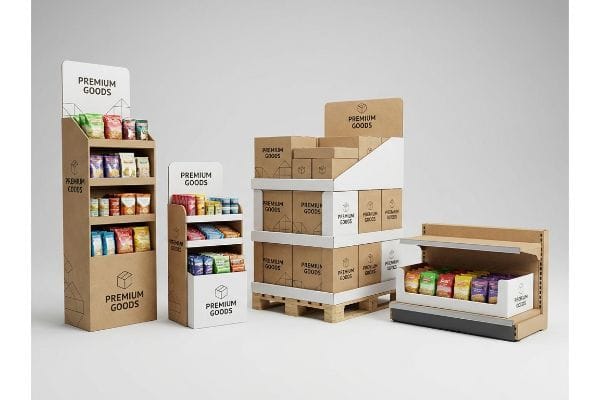 Kraft paper and white cardboard retail displays: a tall floor stand, a smaller counter unit, a pallet build, and a shelf-ready tray, all branded 'Premium Goods' with packaged snacks.