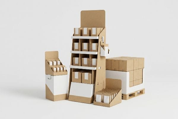 Brown kraft cardboard retail displays including a floor stander, countertop units, and a display-ready pallet with small product boxes.