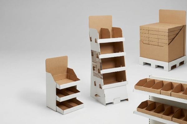 Verkaufsdisplays aus weißer und brauner Pappe, darunter Thekenaufsteller, Bodenaufsteller, Palettenaufsteller und Regaleinsätze.