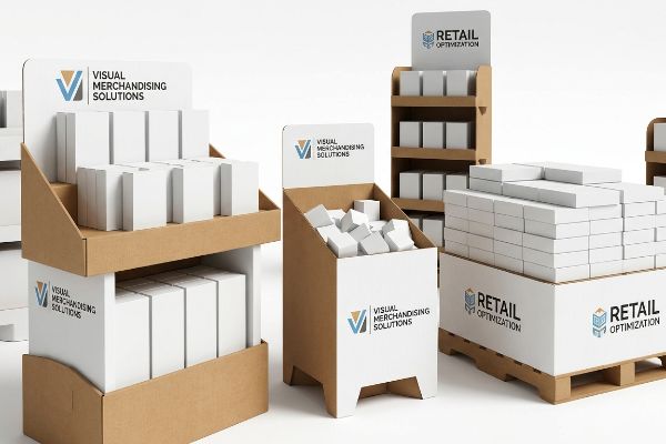 Various cardboard retail display units showcase white product boxes, featuring 'Visual Merchandising Solutions' and 'Retail Optimization' branding.